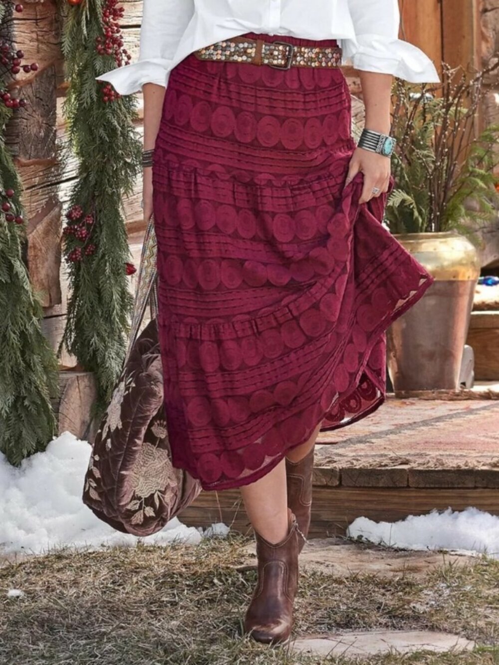 Sundance Burgundy Lace Sasha Skirt with Elastic Waist in Women's X-Large